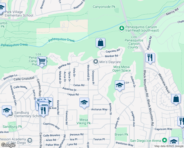 map of restaurants, bars, coffee shops, grocery stores, and more near 11472 Osoyoos Place in San Diego