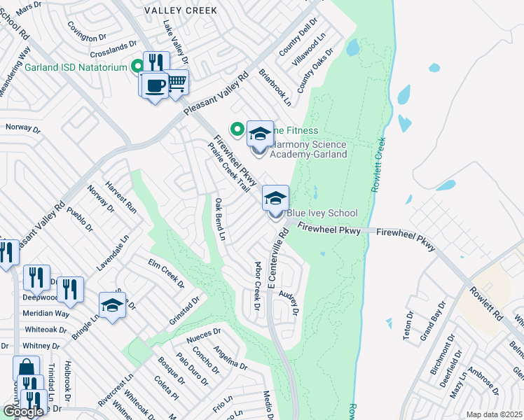 map of restaurants, bars, coffee shops, grocery stores, and more near 1910 Prairie Creek Trail in Garland