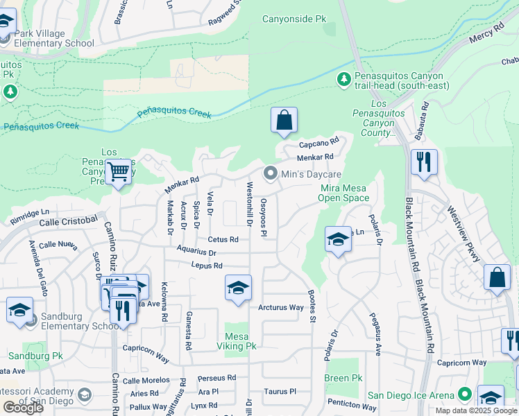 map of restaurants, bars, coffee shops, grocery stores, and more near 11472 Osoyoos Place in San Diego