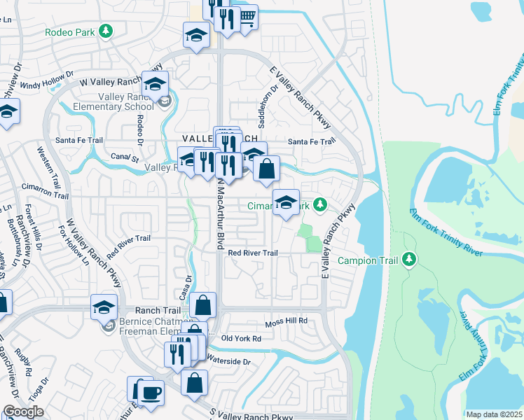 map of restaurants, bars, coffee shops, grocery stores, and more near 301 Sheridan Trail in Irving