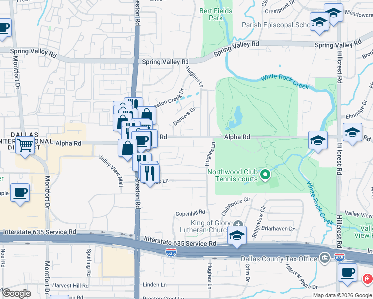 map of restaurants, bars, coffee shops, grocery stores, and more near 13421 Tangleridge Lane in Dallas