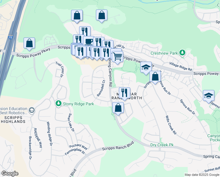 map of restaurants, bars, coffee shops, grocery stores, and more near Spring Canyon Road & Caminito Arcada in San Diego