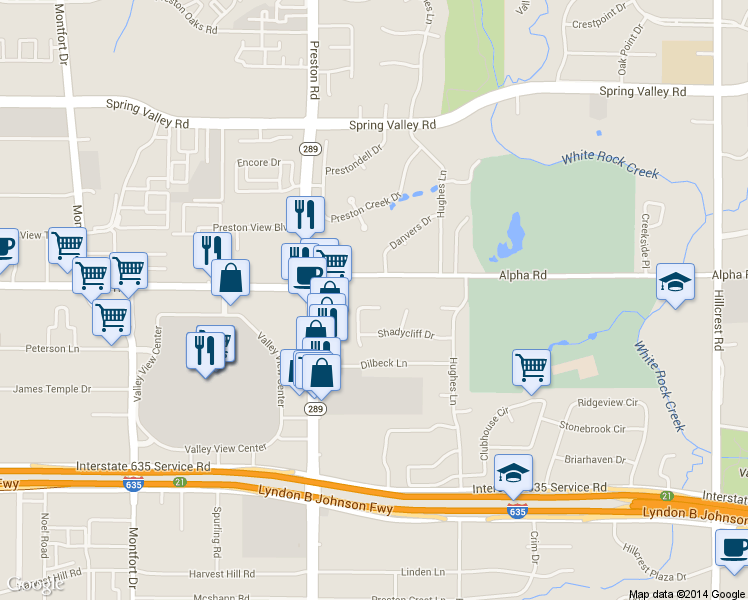 map of restaurants, bars, coffee shops, grocery stores, and more near 13435 Forestway Dr in Dallas