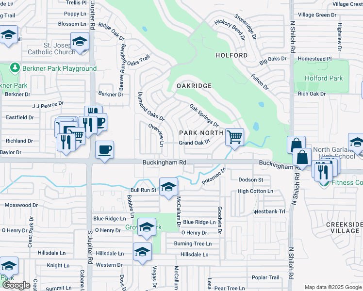 map of restaurants, bars, coffee shops, grocery stores, and more near 2013 Rolling Oak Lane in Garland