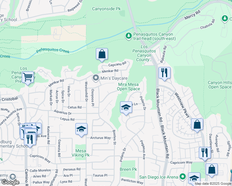 map of restaurants, bars, coffee shops, grocery stores, and more near 8879 Revelstoke Way in San Diego