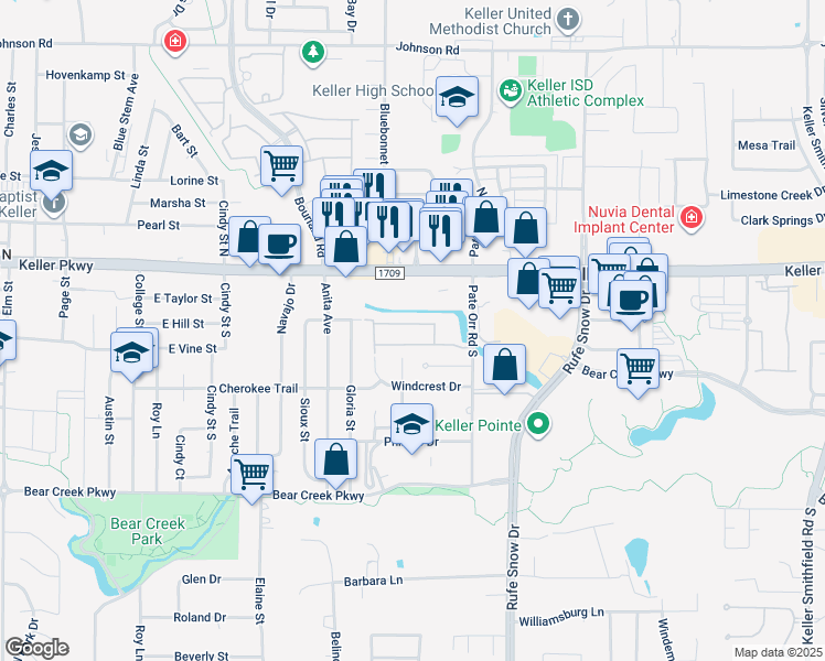 map of restaurants, bars, coffee shops, grocery stores, and more near 732 East Hill Street in Keller