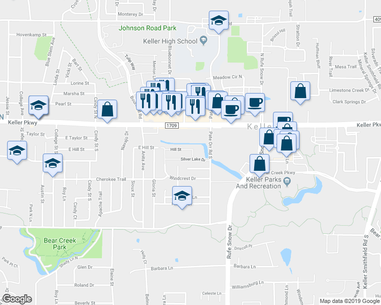 map of restaurants, bars, coffee shops, grocery stores, and more near 748 East Hill Street in Keller