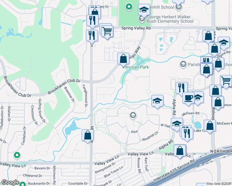 map of restaurants, bars, coffee shops, grocery stores, and more near 3720 Wooded Creek Drive in Farmers Branch