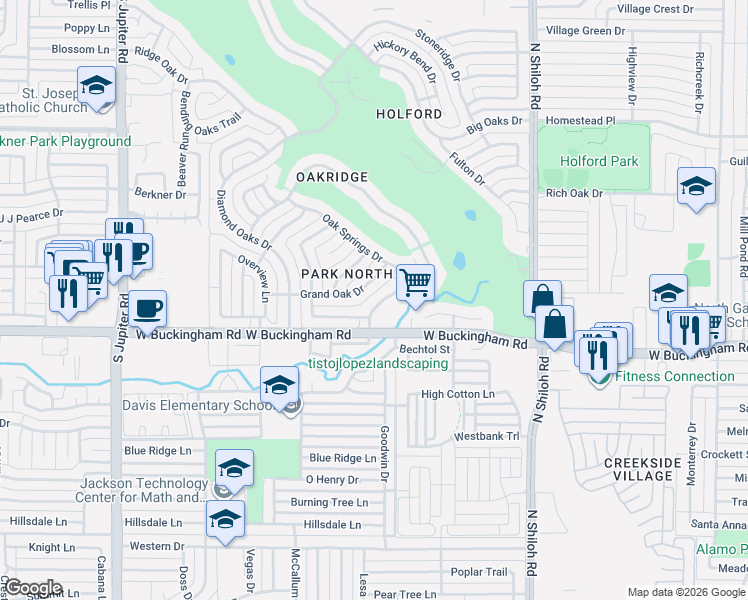 map of restaurants, bars, coffee shops, grocery stores, and more near 2807 Winding Oak Trail in Garland