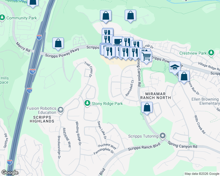 map of restaurants, bars, coffee shops, grocery stores, and more near 11750 Pickford Road in San Diego
