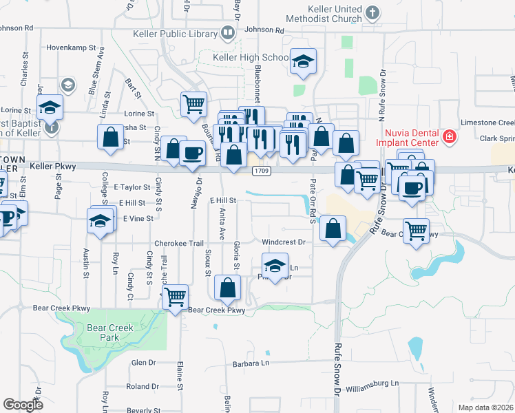 map of restaurants, bars, coffee shops, grocery stores, and more near 650 East Hill Street in Keller