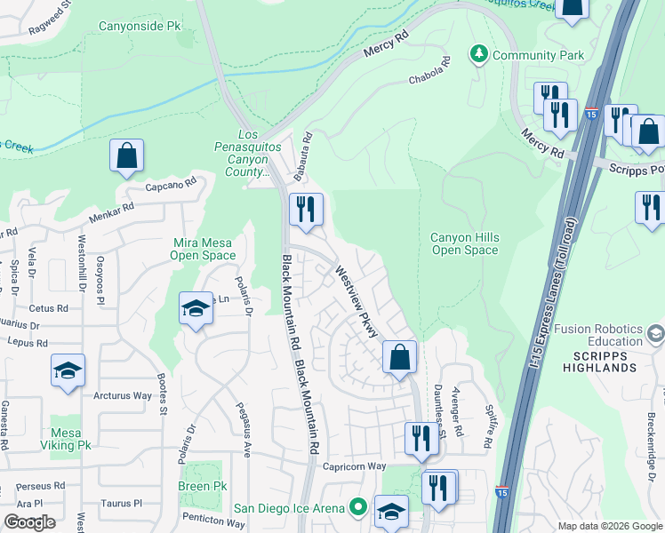 map of restaurants, bars, coffee shops, grocery stores, and more near 9420 Questa Pointe in San Diego