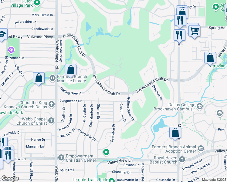 map of restaurants, bars, coffee shops, grocery stores, and more near 3447 Courtyard Circle in Farmers Branch