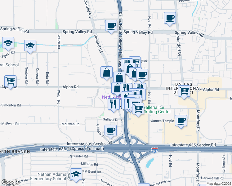 map of restaurants, bars, coffee shops, grocery stores, and more near 13530 Inwood Road in Dallas