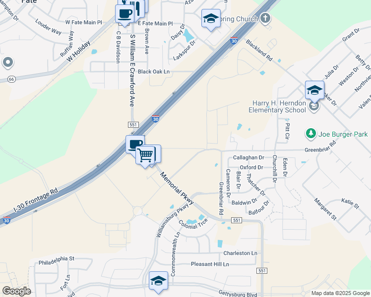 map of restaurants, bars, coffee shops, grocery stores, and more near South FM 551 in Royse City