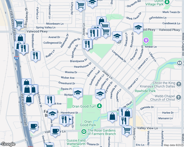 map of restaurants, bars, coffee shops, grocery stores, and more near 2683 Wasina Drive in Farmers Branch