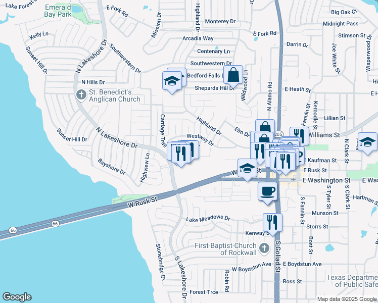 map of restaurants, bars, coffee shops, grocery stores, and more near 216 Alta Vista Drive in Rockwall