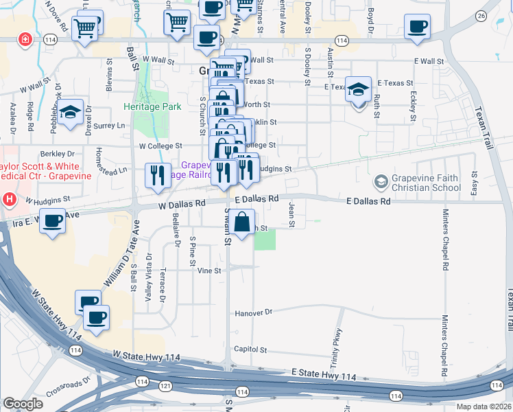 map of restaurants, bars, coffee shops, grocery stores, and more near 925 South Main Street in Grapevine