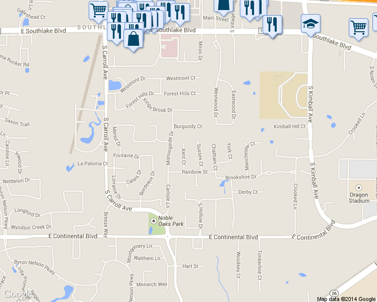 map of restaurants, bars, coffee shops, grocery stores, and more near 707 Kent Ct in Southlake