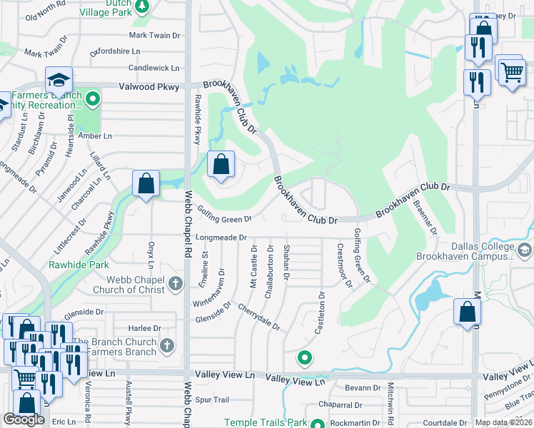 map of restaurants, bars, coffee shops, grocery stores, and more near 3260 Golfing Green Drive in Farmers Branch