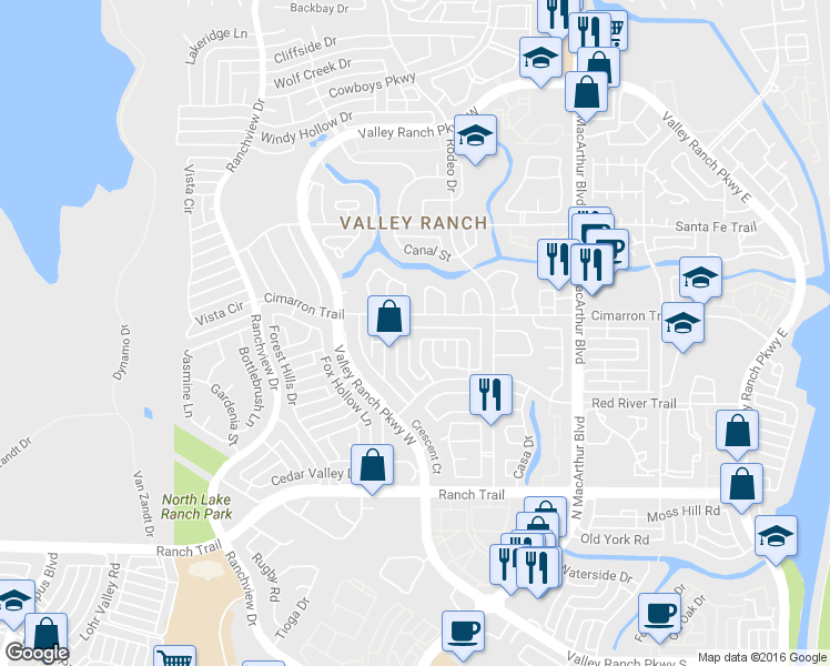 map of restaurants, bars, coffee shops, grocery stores, and more near 729 Sundance Trail in Irving