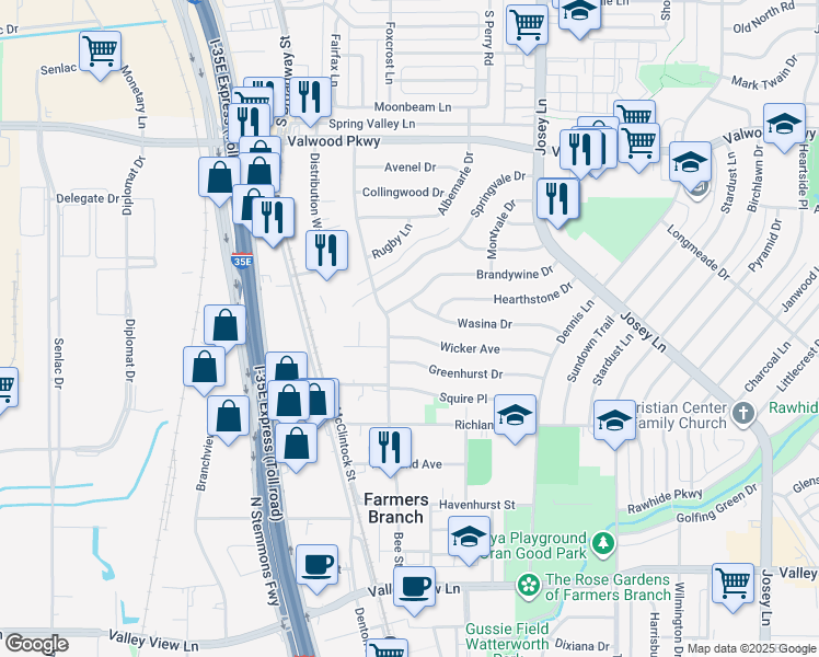 map of restaurants, bars, coffee shops, grocery stores, and more near 2519 Wicker Avenue in Farmers Branch