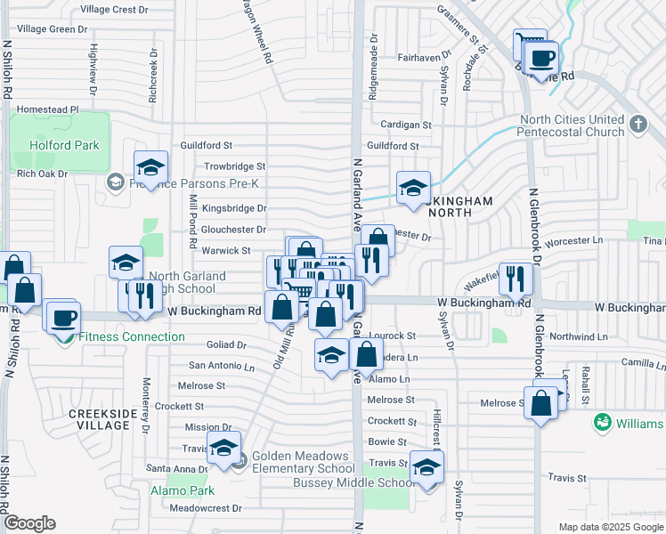 map of restaurants, bars, coffee shops, grocery stores, and more near 1418 Warwick Street in Garland