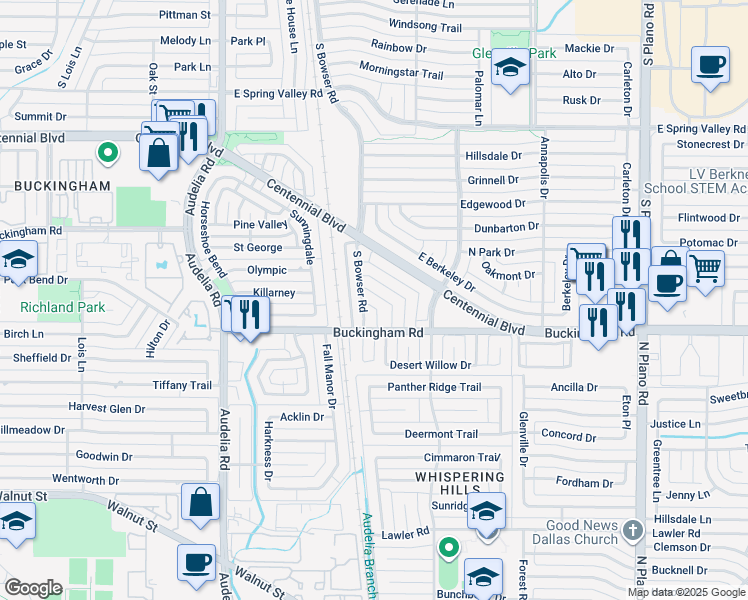 map of restaurants, bars, coffee shops, grocery stores, and more near 811 Napier Drive in Richardson