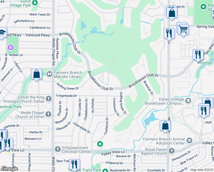 map of restaurants, bars, coffee shops, grocery stores, and more near 3447 Courtyard Circle in Farmers Branch