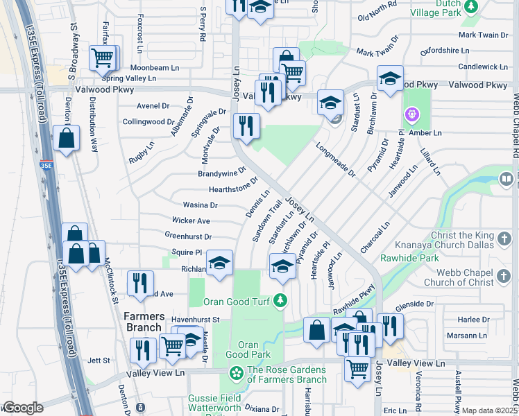map of restaurants, bars, coffee shops, grocery stores, and more near 2683 Wasina Drive in Farmers Branch