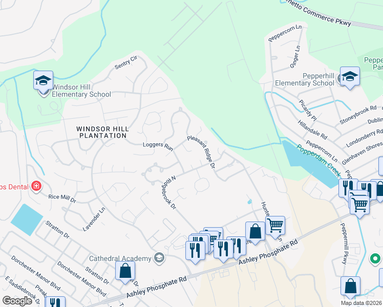 map of restaurants, bars, coffee shops, grocery stores, and more near 8212 Continental Court in Charleston