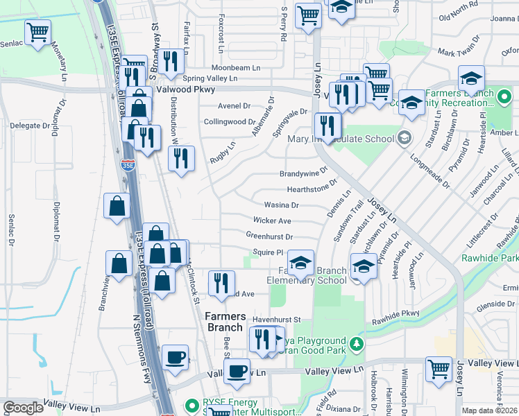 map of restaurants, bars, coffee shops, grocery stores, and more near 2550 Wasina Drive in Farmers Branch