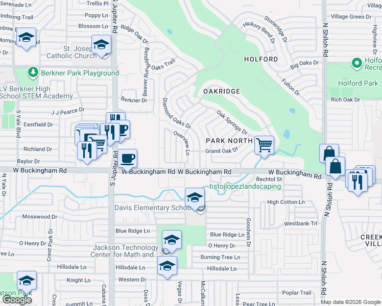 map of restaurants, bars, coffee shops, grocery stores, and more near 2020 Overview Lane in Garland