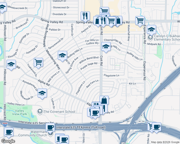 map of restaurants, bars, coffee shops, grocery stores, and more near 13530 Brookgreen Dr in Dallas