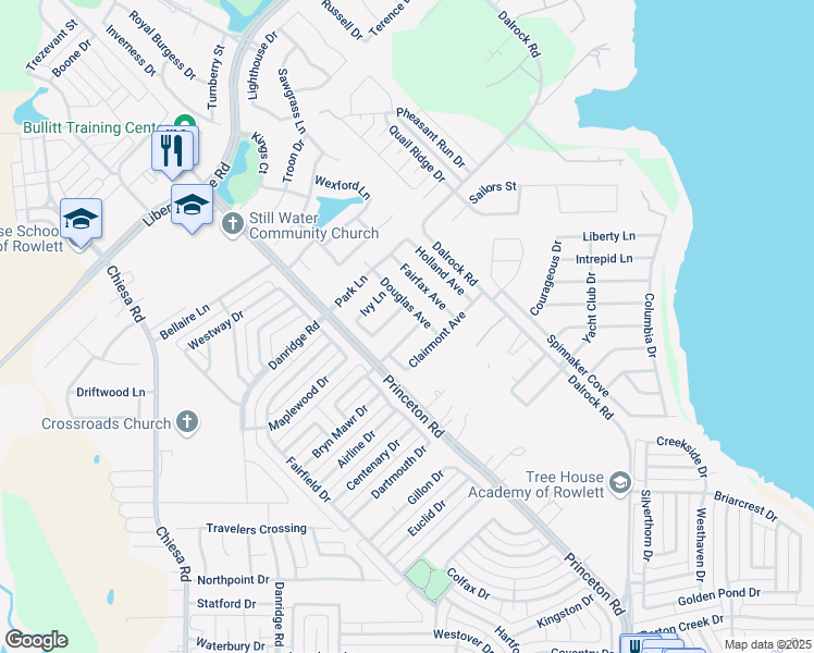 map of restaurants, bars, coffee shops, grocery stores, and more near 7813 Estates Way in Rowlett