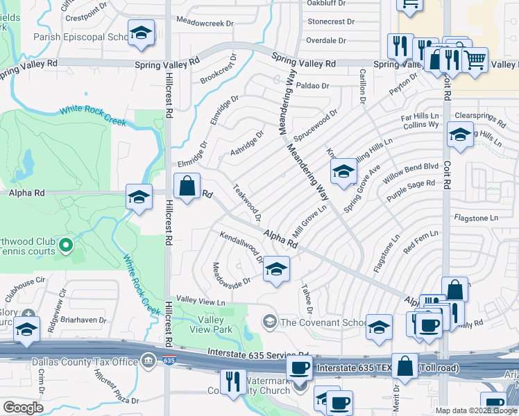 map of restaurants, bars, coffee shops, grocery stores, and more near 13517 Far Hills Lane in Dallas