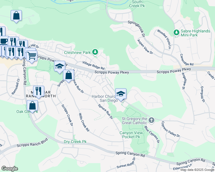 map of restaurants, bars, coffee shops, grocery stores, and more near 11802 Cypress Canyon Road in San Diego