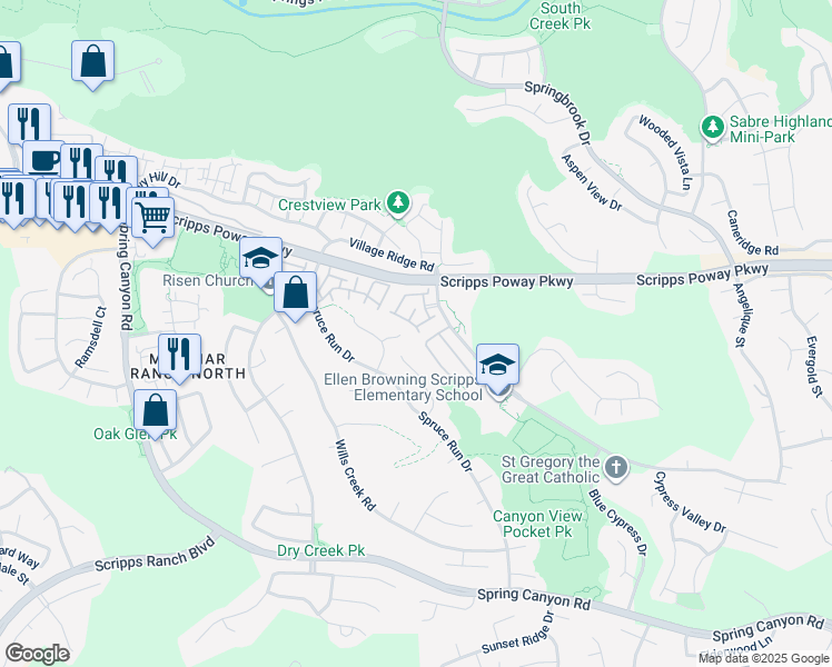 map of restaurants, bars, coffee shops, grocery stores, and more near 11892 Cypress Canyon Road in San Diego