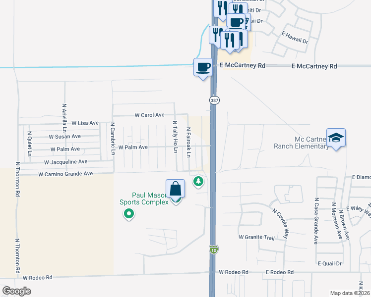 map of restaurants, bars, coffee shops, grocery stores, and more near 5748 North Fairoak Lane in Casa Grande