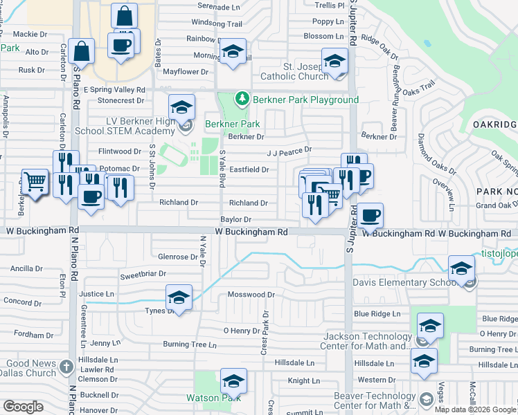 map of restaurants, bars, coffee shops, grocery stores, and more near 1904 Richland Drive in Richardson