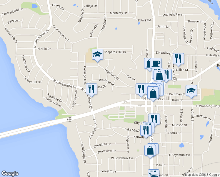 map of restaurants, bars, coffee shops, grocery stores, and more near 203 Valley Drive in Rockwall