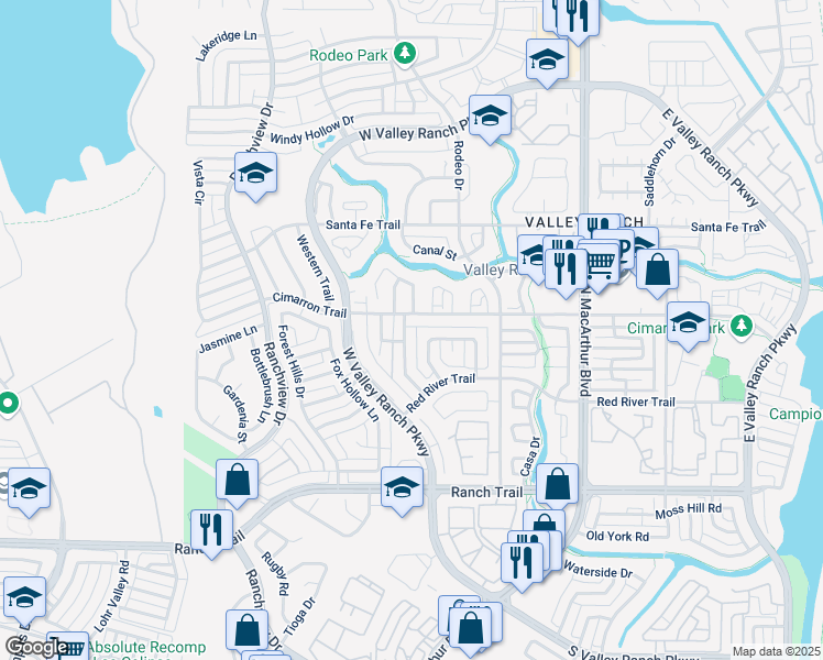 map of restaurants, bars, coffee shops, grocery stores, and more near 729 Sundance Trail in Irving