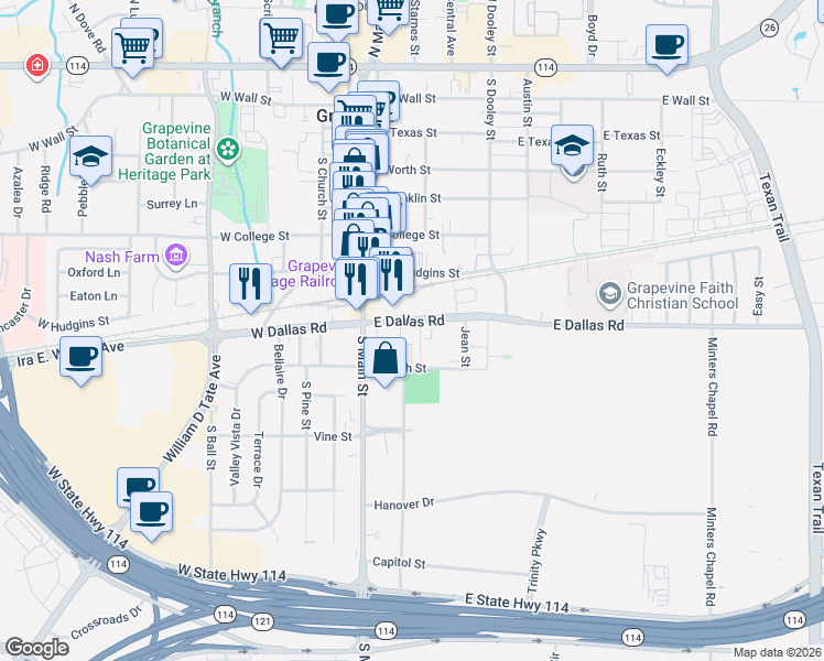map of restaurants, bars, coffee shops, grocery stores, and more near 925 South Main Street in Grapevine