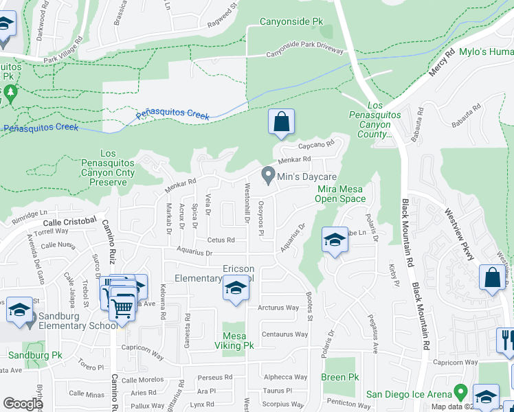 map of restaurants, bars, coffee shops, grocery stores, and more near 11472 Osoyoos Place in San Diego