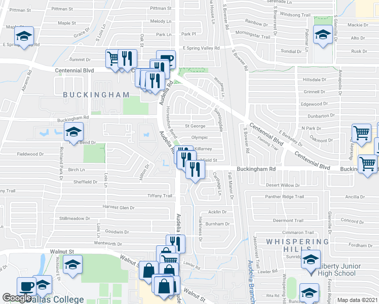 map of restaurants, bars, coffee shops, grocery stores, and more near 602 Killarney in Richardson