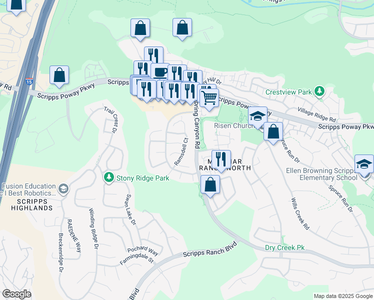 map of restaurants, bars, coffee shops, grocery stores, and more near 11771 Ramsdell Court in San Diego