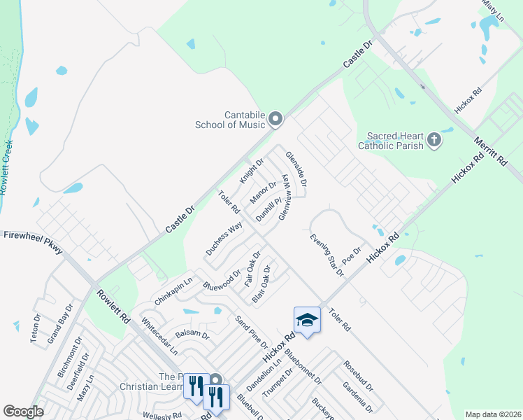 map of restaurants, bars, coffee shops, grocery stores, and more near 3413 Dunhill Place in Rowlett
