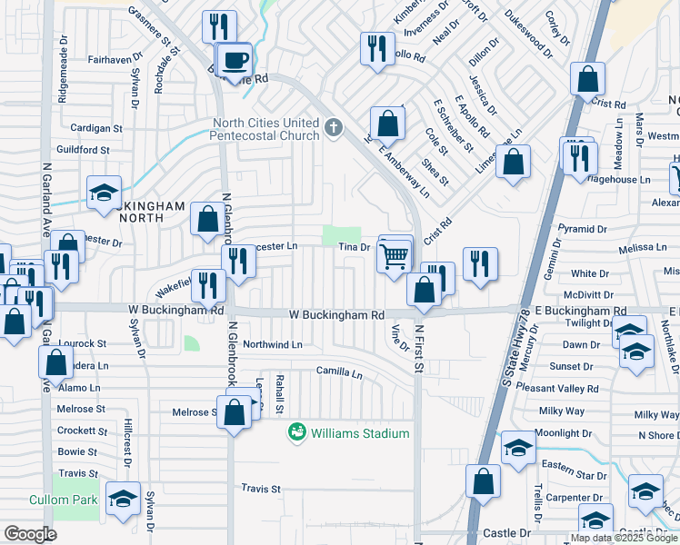 map of restaurants, bars, coffee shops, grocery stores, and more near 2034 Edna Smith Drive in Garland
