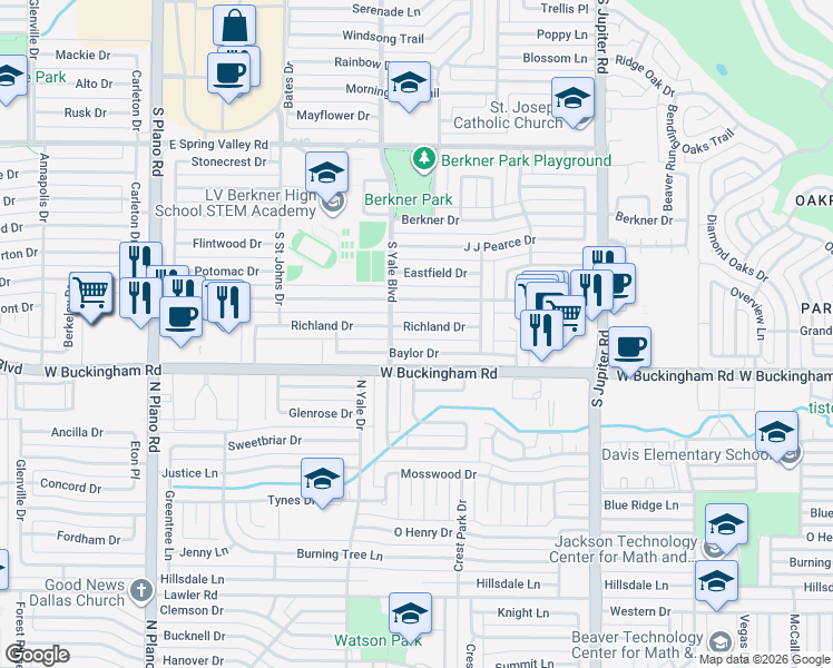 map of restaurants, bars, coffee shops, grocery stores, and more near 1806 Richland Drive in Richardson