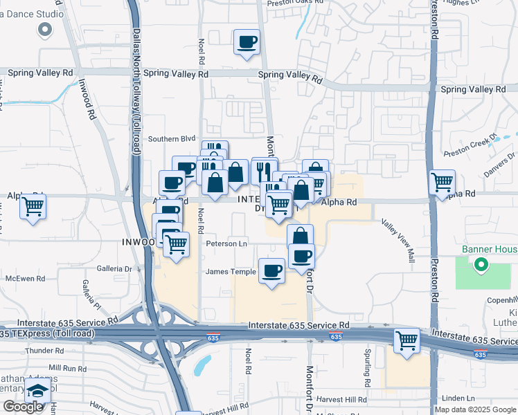 map of restaurants, bars, coffee shops, grocery stores, and more near 5422 Alpha Road in Dallas